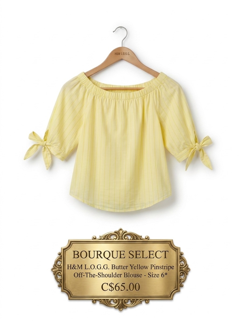 H&M LOGG Butter Yellow Pinstripe Off-The-Shoulder Blouse 6*